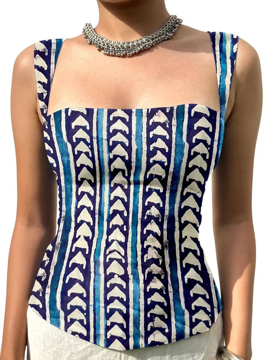 Aahwan Green Printed Square Neck Sleeveless Backless Short Indo-Western Ethnic Kurti Top for Women's & Girl's Ethnic Top for Women's & Girl
